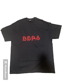 a black t - shirt with red writing on it